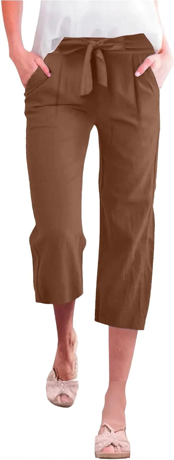 Capri Pants for Women Casual Summer Drawstring Waist Cotton Linen Capris Comfy Wide Leg Cropped Pants with Pockets