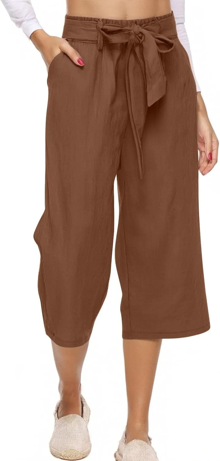 Capri Pants for Women Casual Summer Drawstring Waist Cotton Linen Capris Comfy Wide Leg Cropped Pants with Pockets