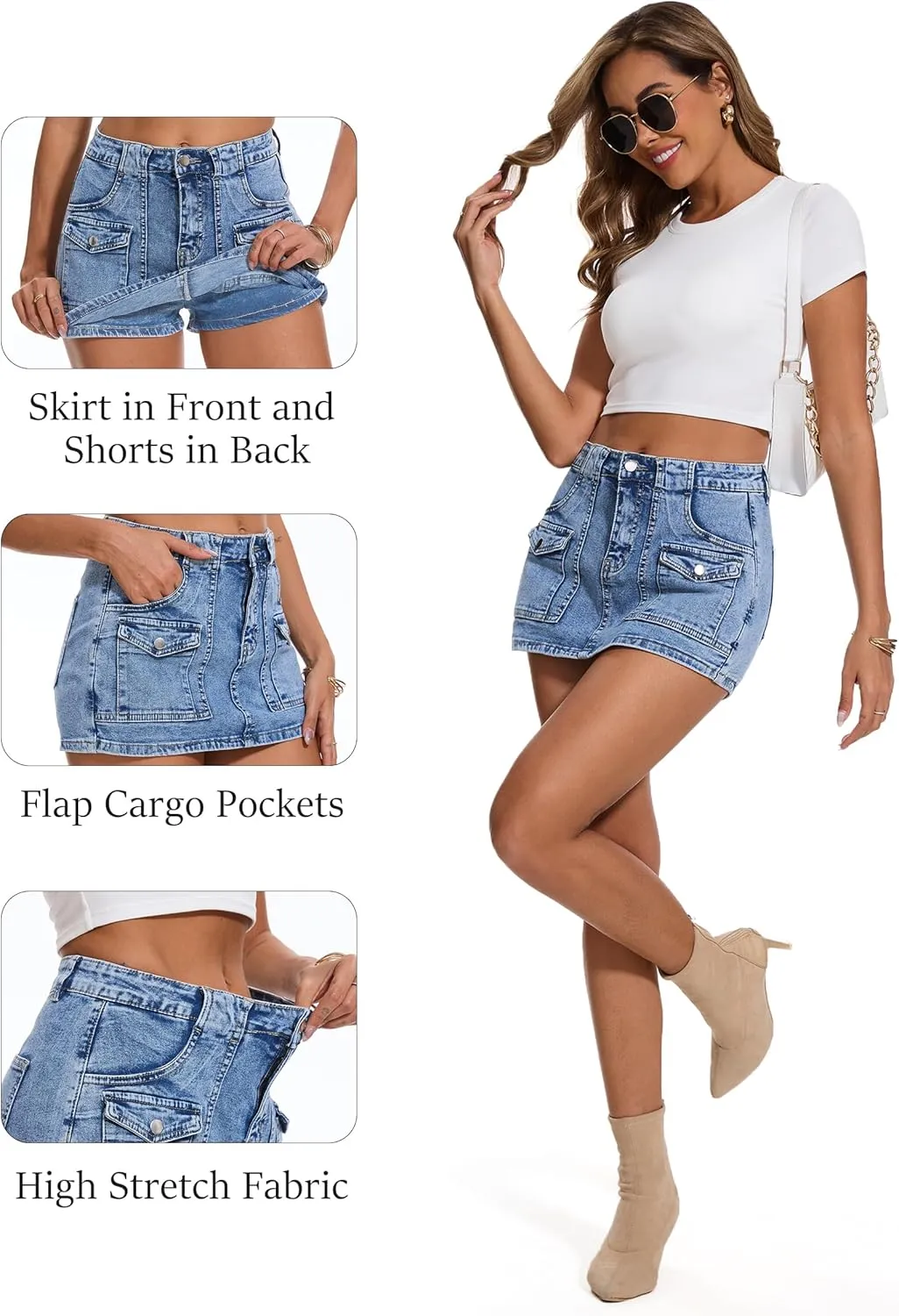 Cargo Jean Skirts for Women Denim Skort High Waisted Womens Mini Skirt with Shorts Y2k with 6 Pockets