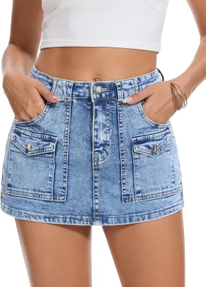 Cargo Jean Skirts for Women Denim Skort High Waisted Womens Mini Skirt with Shorts Y2k with 6 Pockets