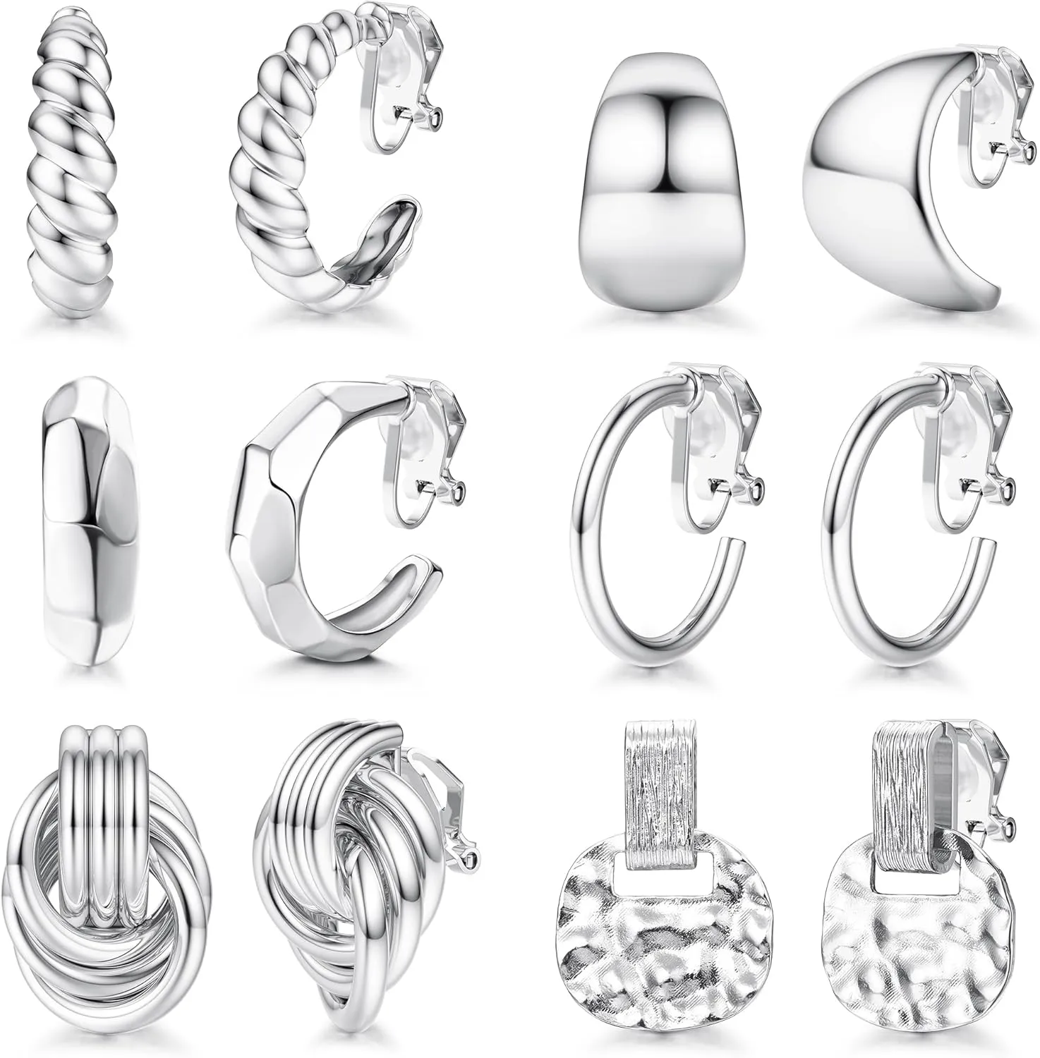 CASSIECA 6 Pairs Gold Clip on Earrings for Women-14K Gold Plated Hypoallergenic Chunky Twist Round Geometry Waterdrop Hoop Clip Drop Ears Set Non Piercing Dangle Earings Jewelry