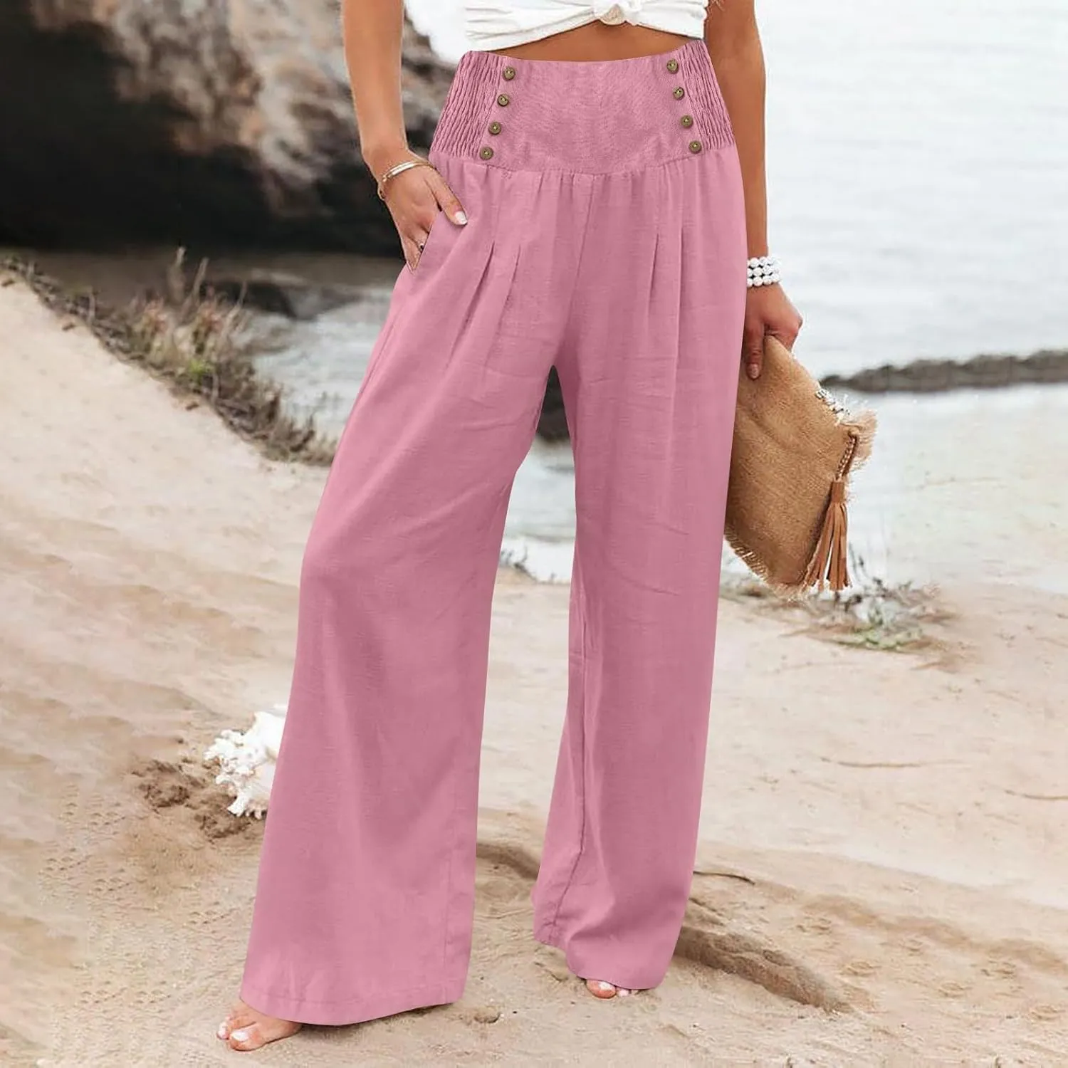 Casual Pants for Women, Flattering Fit Wide Leg High Waist Cotton Linen Blend Trousers for Daily Wear, Office, Travel