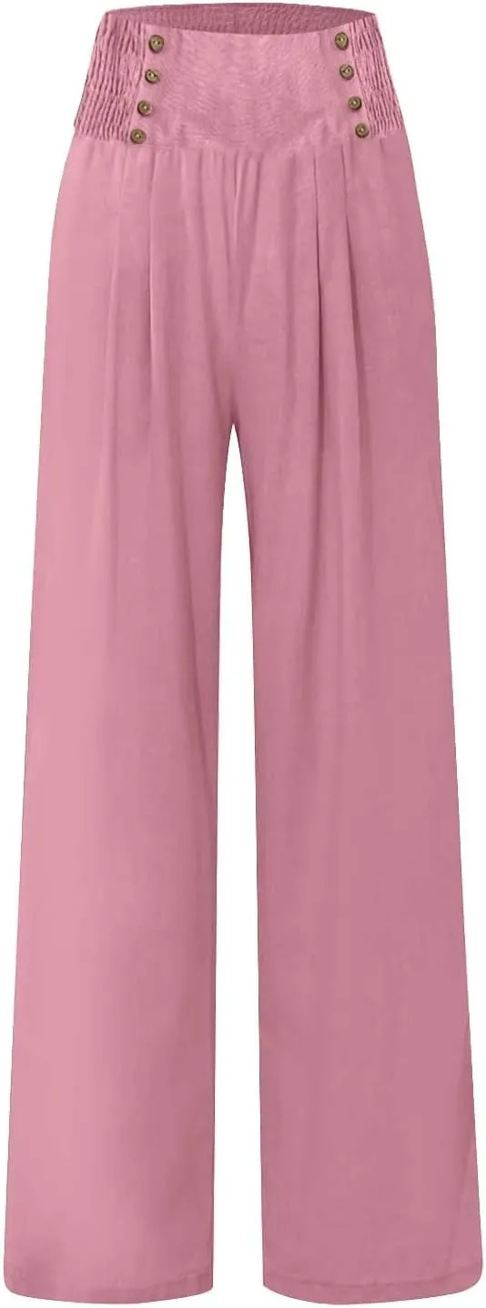 Casual Pants for Women, Flattering Fit Wide Leg High Waist Cotton Linen Blend Trousers for Daily Wear, Office, Travel