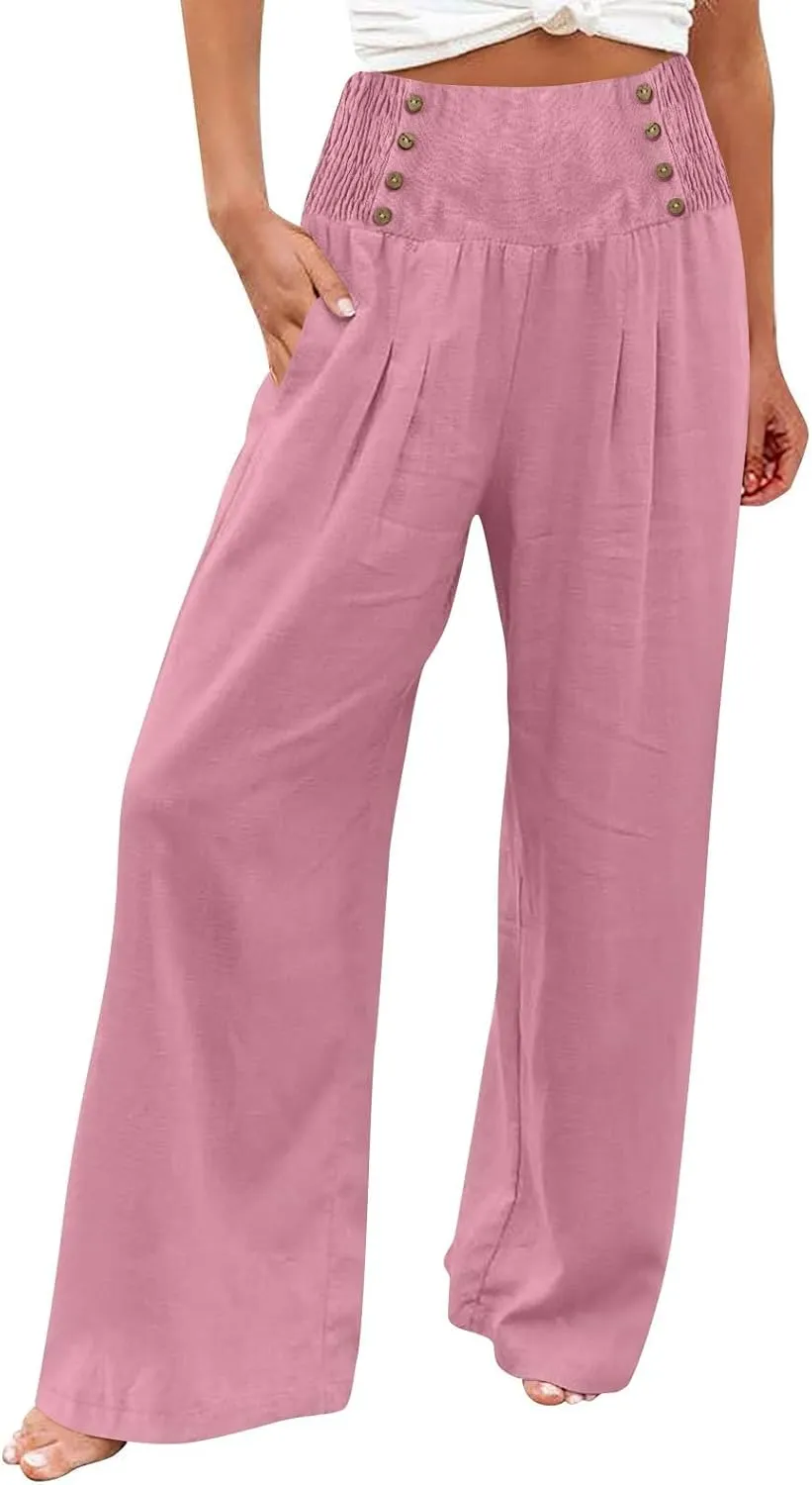 Casual Pants for Women, Flattering Fit Wide Leg High Waist Cotton Linen Blend Trousers for Daily Wear, Office, Travel