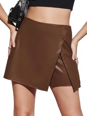 Cicy Bell Womens Faux Leather Skorts High Waisted Shorts Button Front Mini PU Skirts