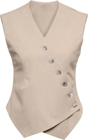 Cicy Bell Womens Waistcoat Vest Sleeveless Blazers V Neck Button Up Asymmetrical Hem Work Office Suit Vests