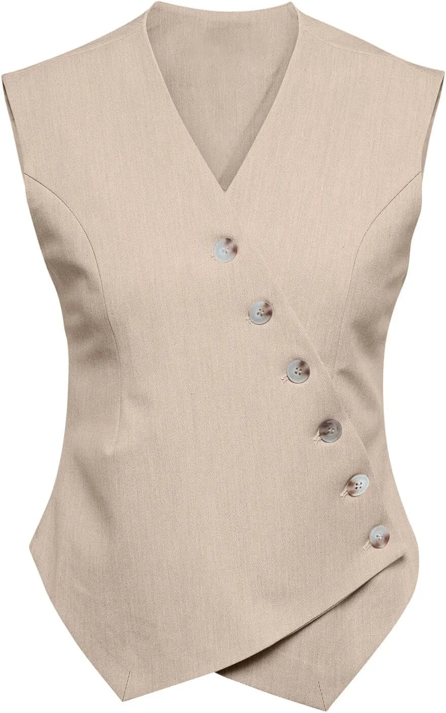 Cicy Bell Womens Waistcoat Vest Sleeveless Blazers V Neck Button Up Asymmetrical Hem Work Office Suit Vests