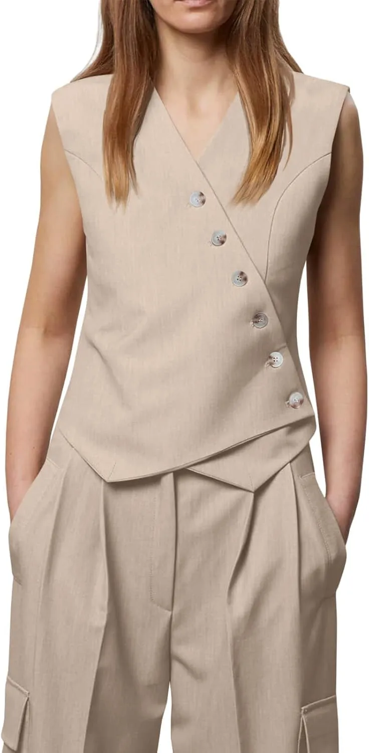 Cicy Bell Womens Waistcoat Vest Sleeveless Blazers V Neck Button Up Asymmetrical Hem Work Office Suit Vests
