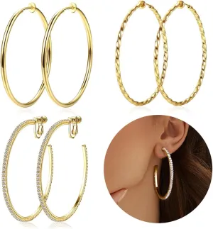 Clip On Hoop Earrings for Women Non Pierced Ears,Gold Clip On Earrings Non Piercing Big Stainless Steel Fake Hoops Lightweight 30-60mm