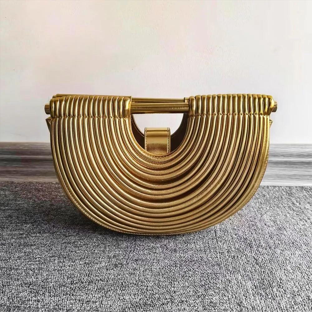 Clutch Purses for Women Evening/Wedding Chic Half Round Woven Bag Formal PU Leather Purse Designer Handbags for Party Prom