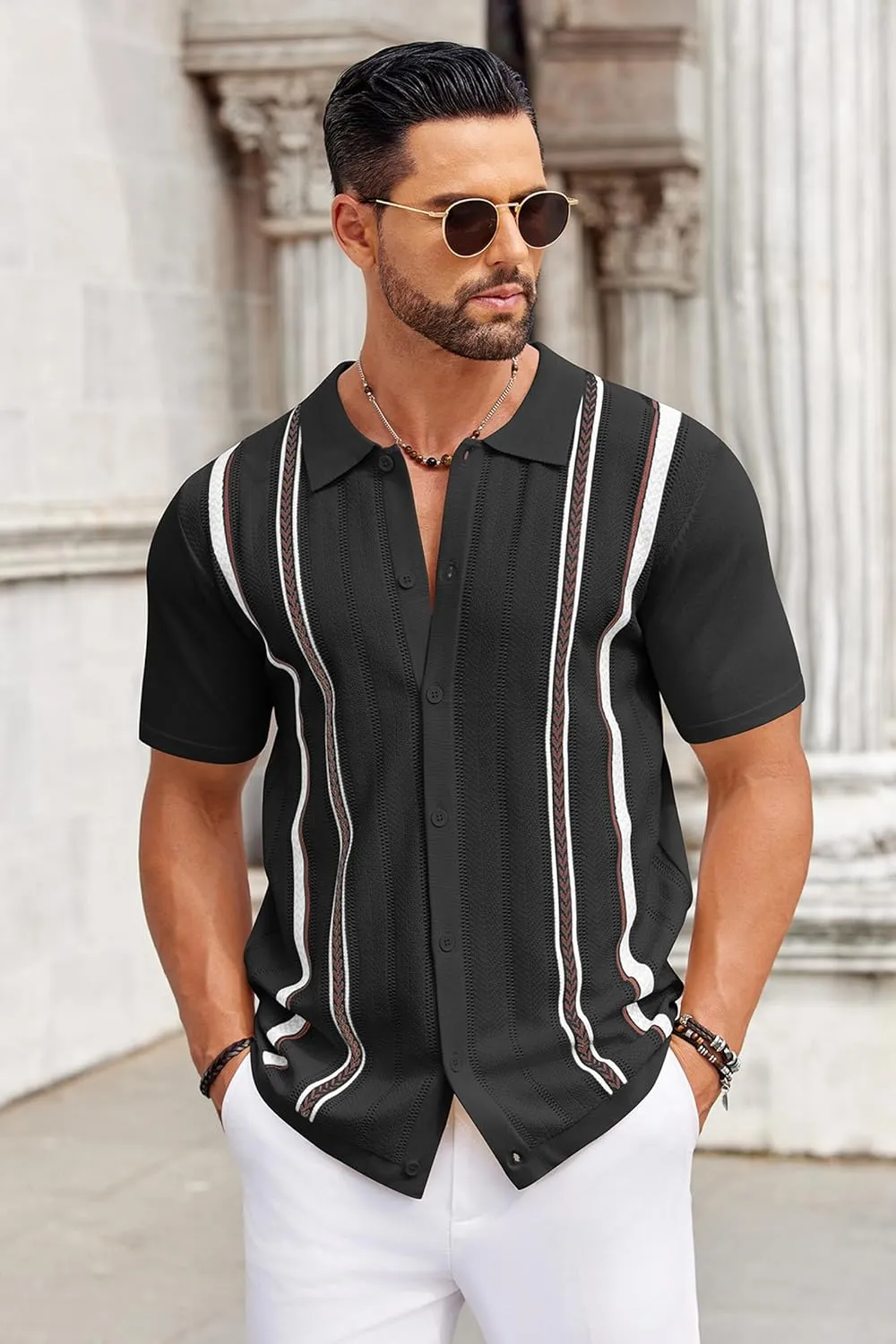 COOFANDY Knit Shirts for Men Casual Short Sleeve Button Down Shirts Summer Beach Stretch Fit Collared Shirts