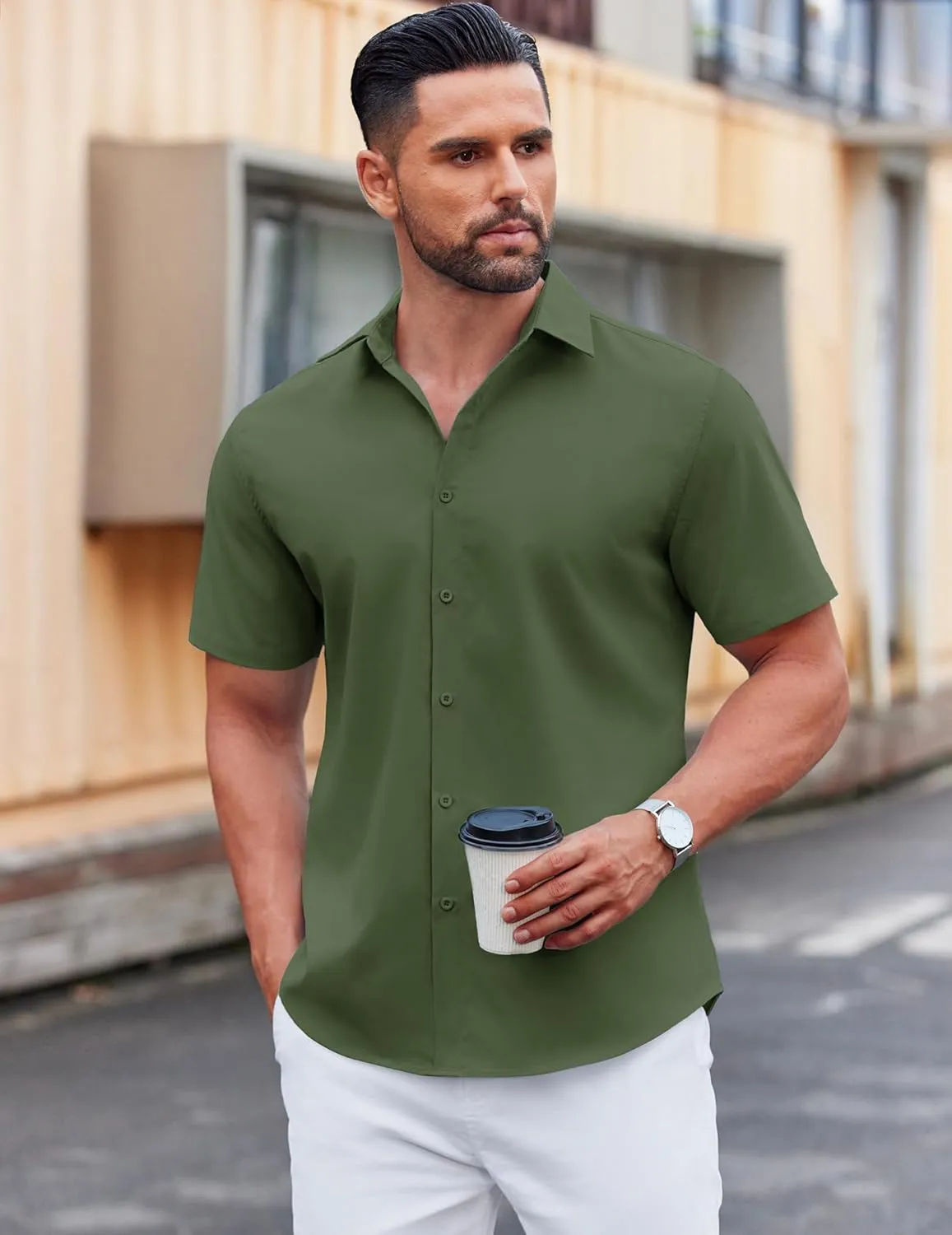 COOFANDY Men's Casual Short Sleeve Button Down Shirts Untucked Dress Shirts Wrinkle Free Summer Wedding Shirts Solid