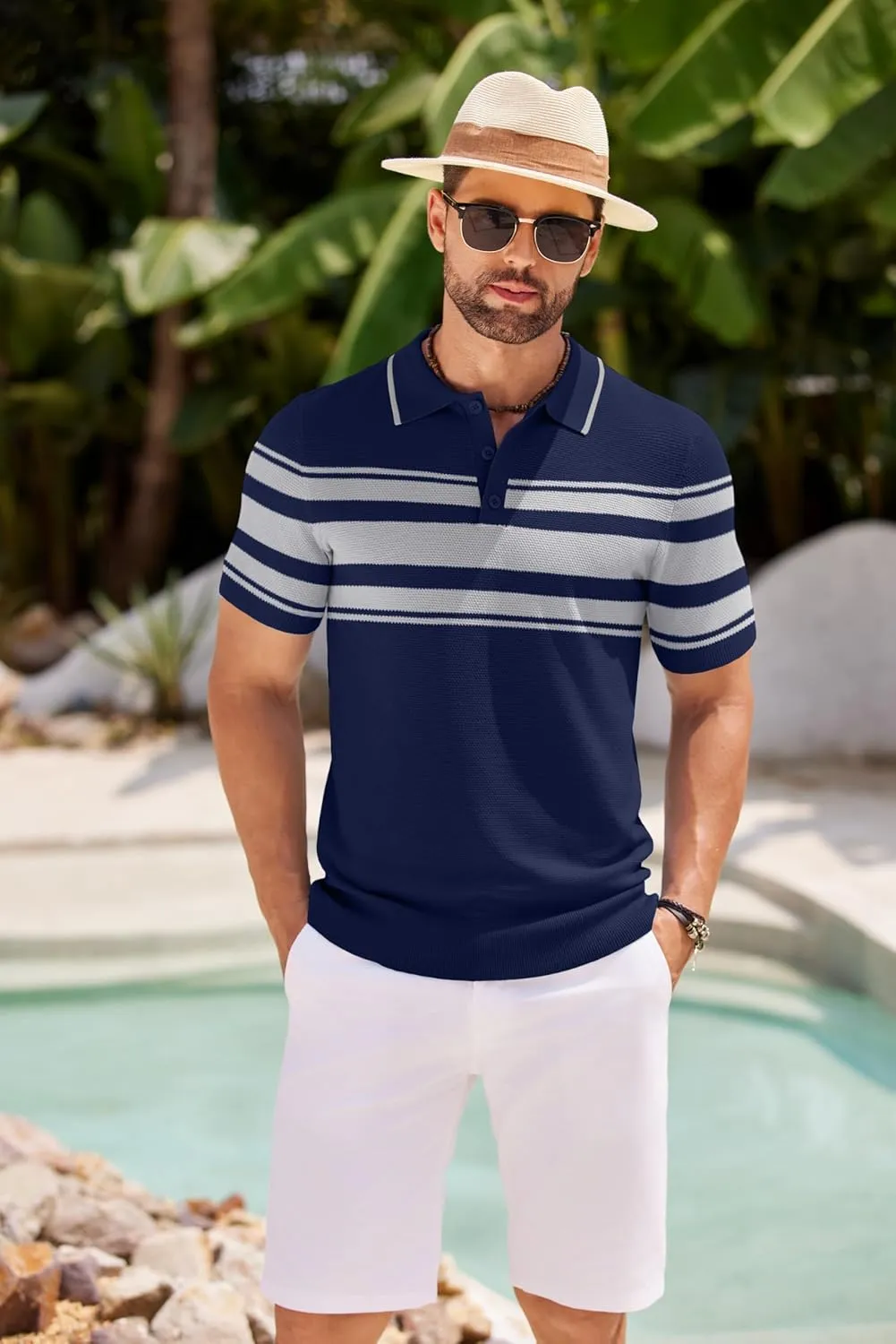 COOFANDY Men's Knit Polo Shirts Casual Short Sleeve Button Down Shirts Crochet Classic Golf Polo Collared Shirts