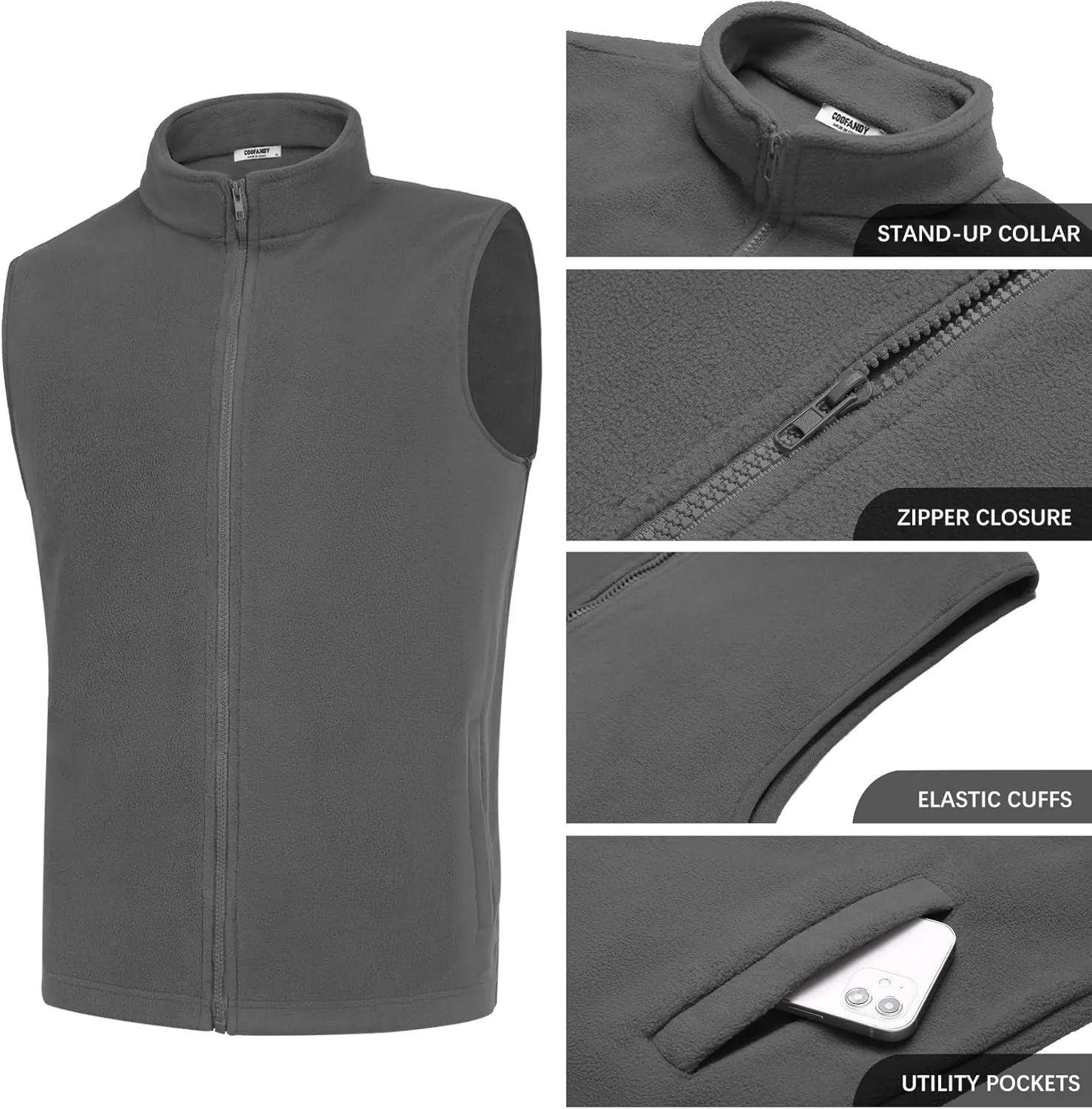 COOFANDY Men's Polar Fleece Vest Lightweight Sleeveless Zip Up Jacket Casual Outerwear Outdoor Golf Vests