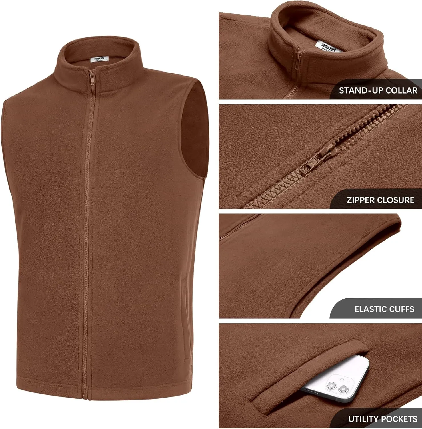 COOFANDY Men's Polar Fleece Vest Lightweight Sleeveless Zip Up Jacket Casual Outerwear Outdoor Golf Vests