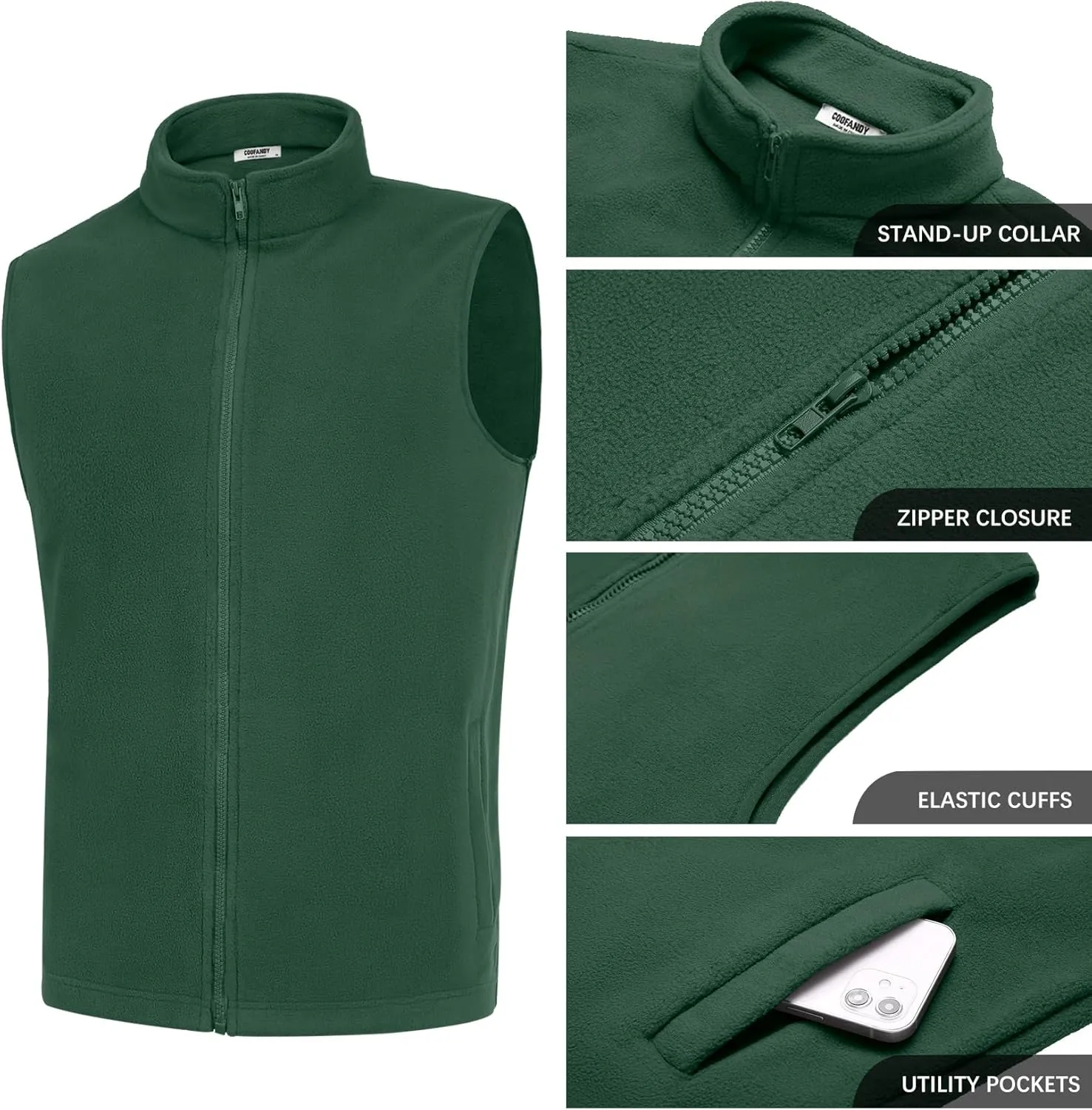 COOFANDY Men's Polar Fleece Vest Lightweight Sleeveless Zip Up Jacket Casual Outerwear Outdoor Golf Vests