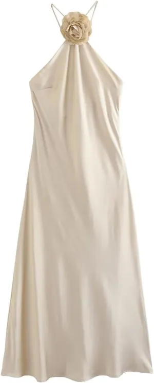 CORIRESHA Women's Chic 3D Floral Cross Backless Halter Sleeveless Party Maxi Dress