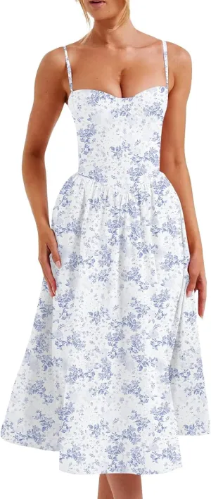 Corset Dress for Women 2024 Formal Spaghetti Strap Bustier Midi Dresses Flowy Pleated Hem Corset Sundress