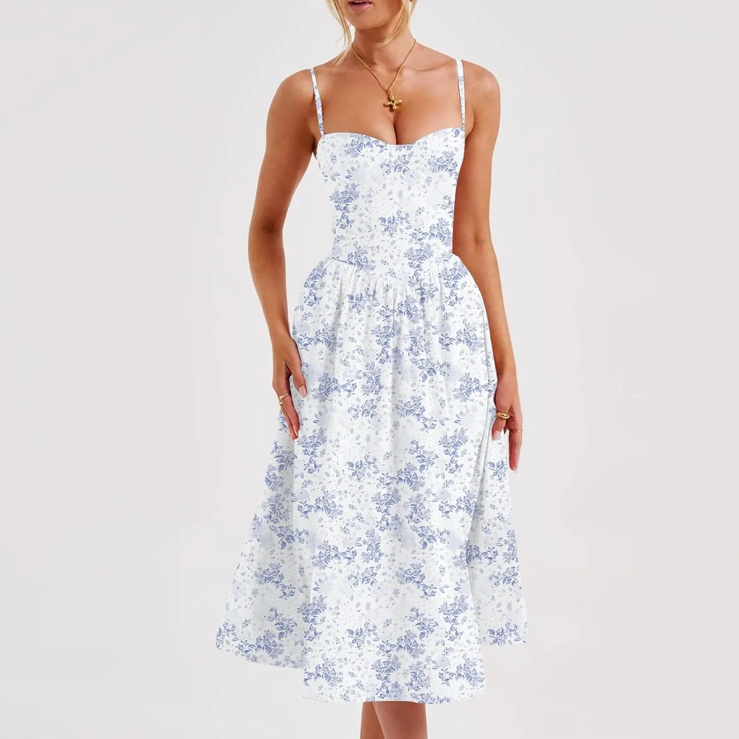 Corset Dress for Women 2024 Formal Spaghetti Strap Bustier Midi Dresses Flowy Pleated Hem Corset Sundress