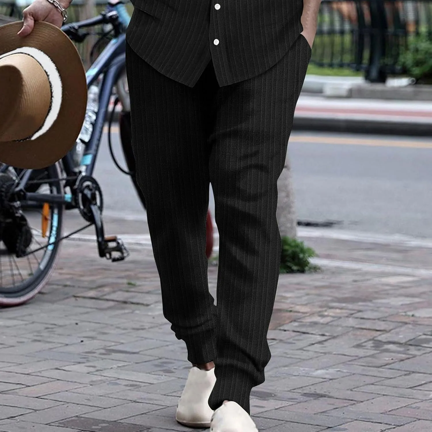 Cotton Stripe Linen Pants Men Dressy Casual Trousers Slim Fit Lounge Pants Trendy Tapered Pants Breathable Pants