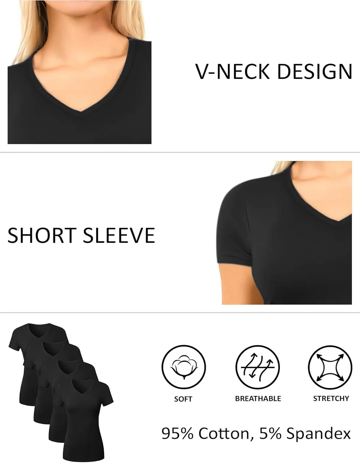 Cotton V Neck T Shirts for Women Short Sleeve Tshirt Basic Tees Vneck Tshirts Womens Tops Undershirt Multipack