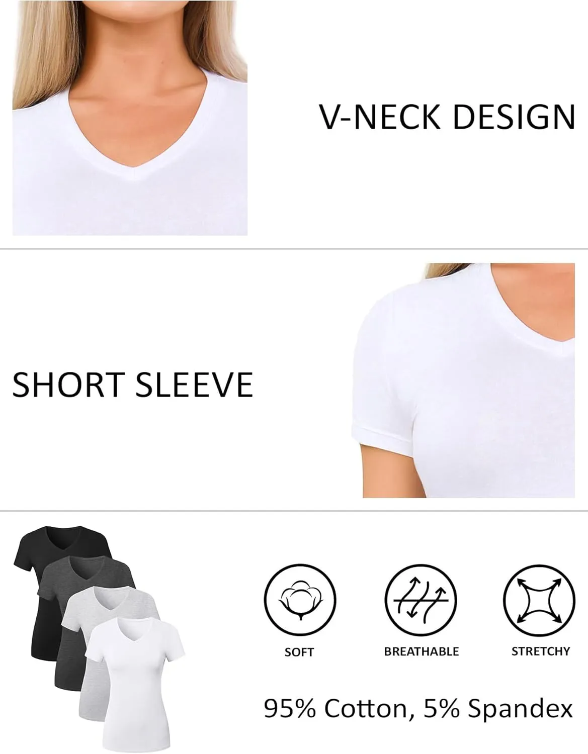 Cotton V Neck T Shirts for Women Short Sleeve Tshirt Basic Tees Vneck Tshirts Womens Tops Undershirt Multipack