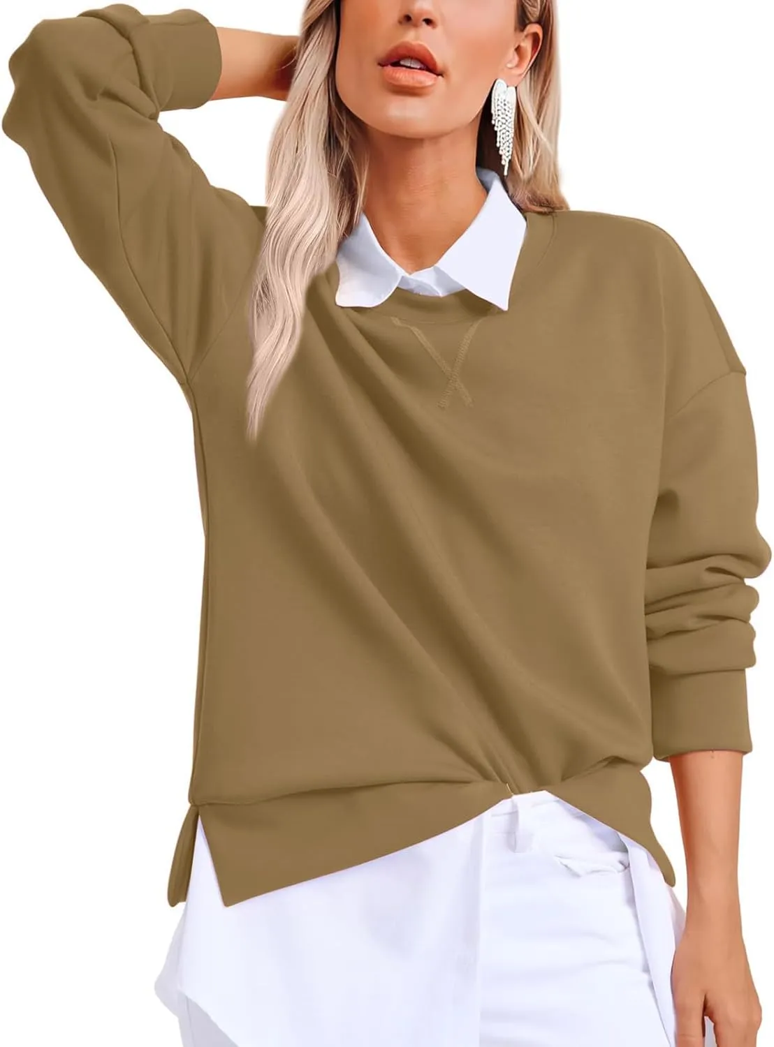 Crewneck Sweatshirts for Women Trendy 2024 Solid Color Pullover Tops Long Sleeve Sweatshirt Tunic Fall Winter Clothes