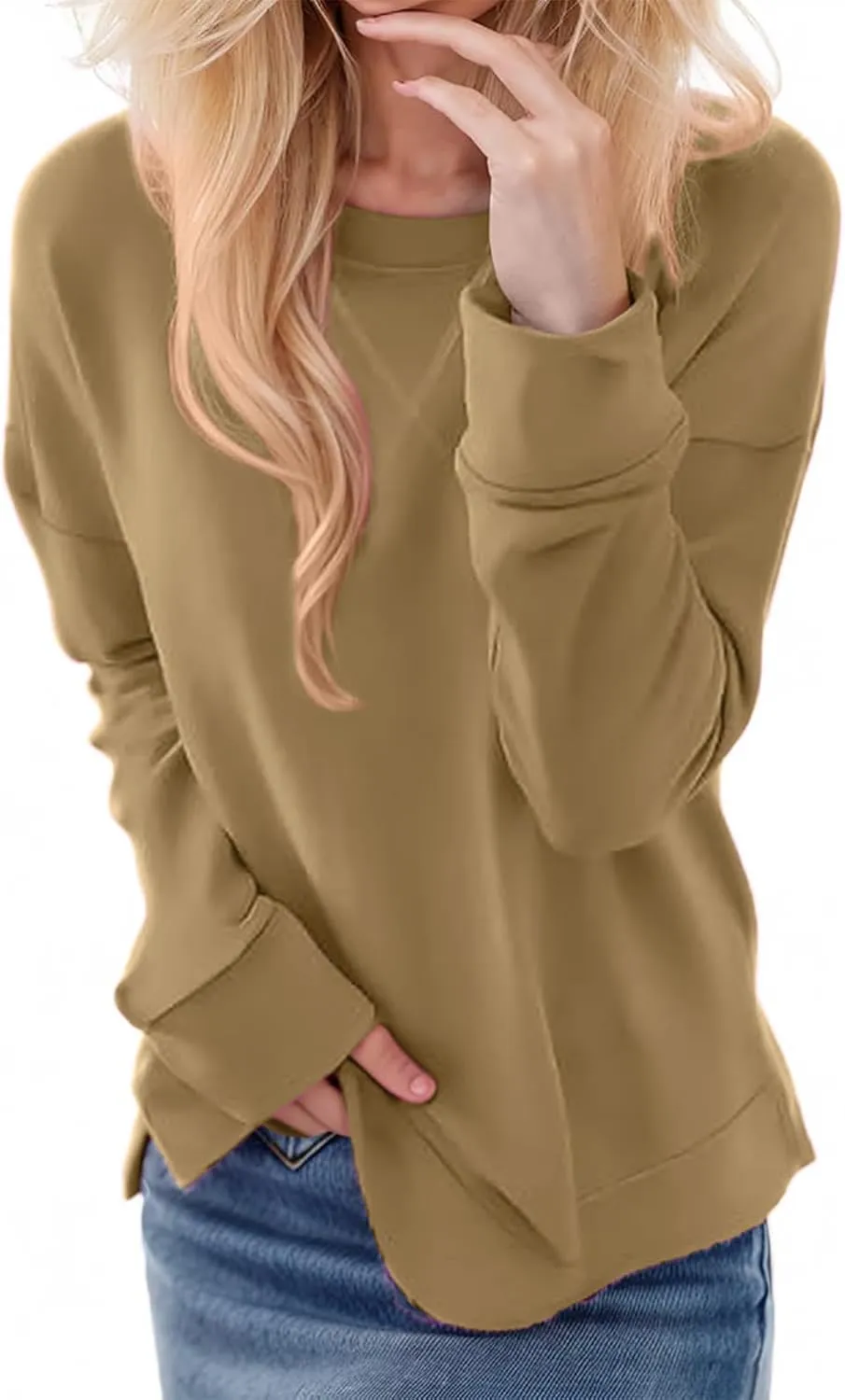 Crewneck Sweatshirts for Women Trendy 2024 Solid Color Pullover Tops Long Sleeve Sweatshirt Tunic Fall Winter Clothes