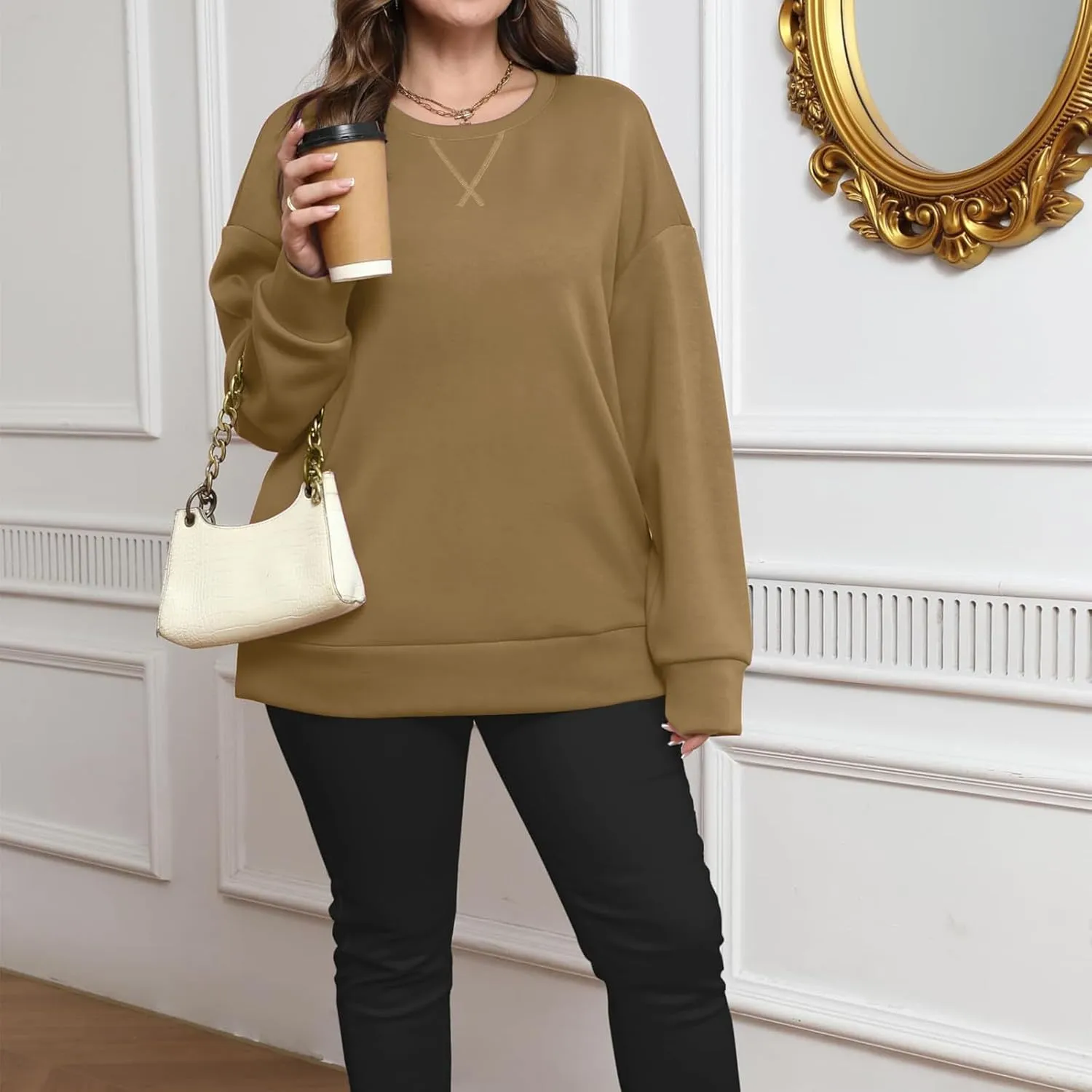 Crewneck Sweatshirts for Women Trendy 2024 Solid Color Pullover Tops Long Sleeve Sweatshirt Tunic Fall Winter Clothes