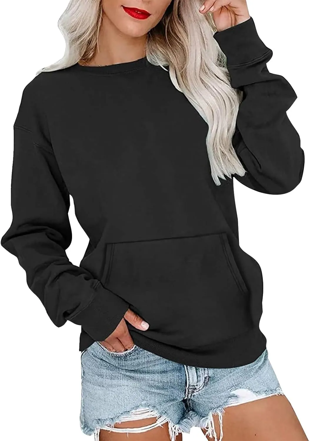 Crewneck Sweatshirts Women Fleece Sweatshirt with Pocket Long Sleeve Shirts Hoodies Pullover Cute Sweaters Tops