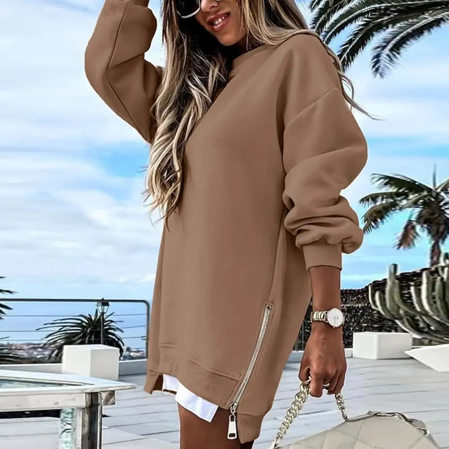 Crewneck Sweatshirts Women Long Oversized Hoodie Long Sleeve Pullover Side Split Drop Shoulder Casual Tops Outfits