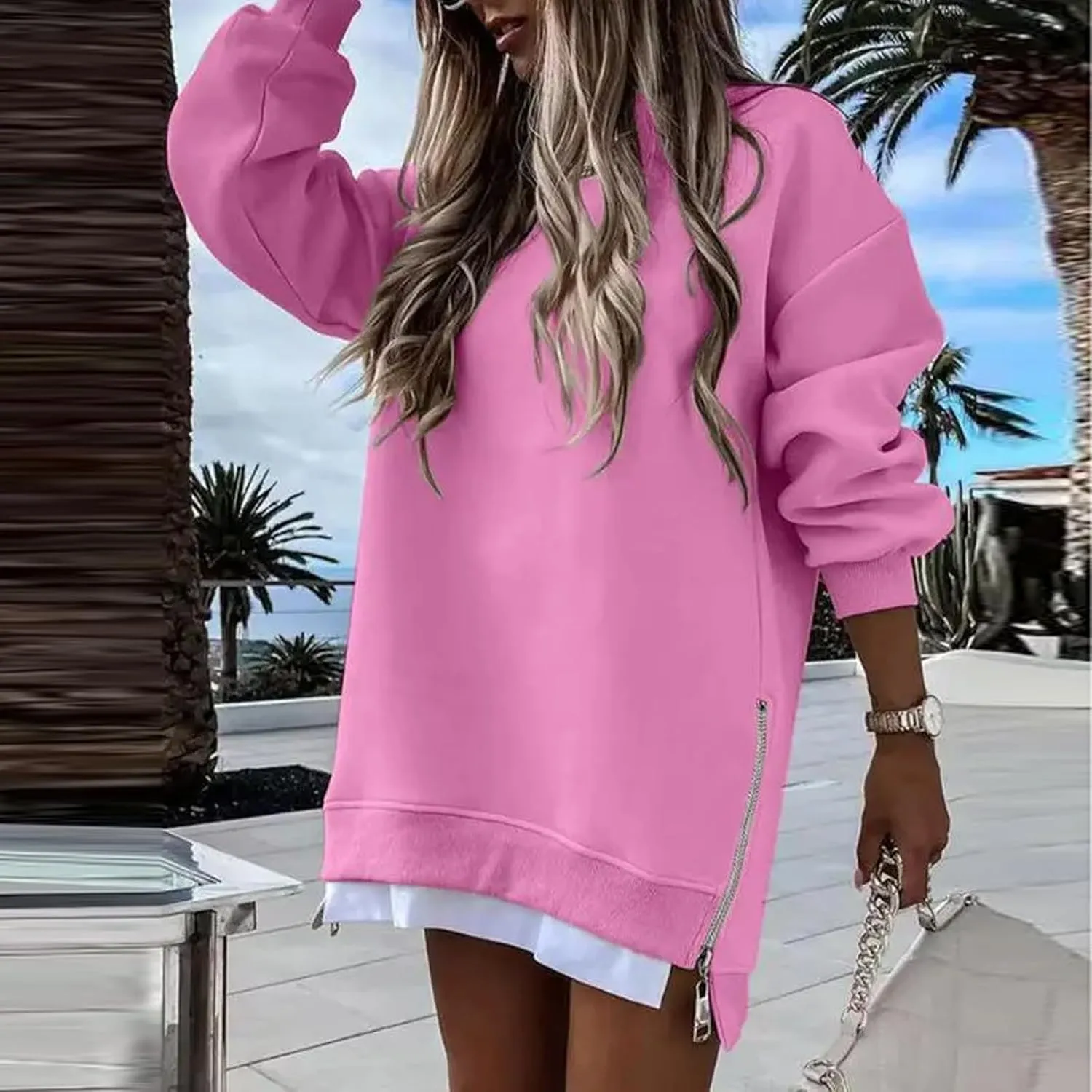Crewneck Sweatshirts Women Long Oversized Hoodie Long Sleeve Pullover Side Split Drop Shoulder Casual Tops Outfits