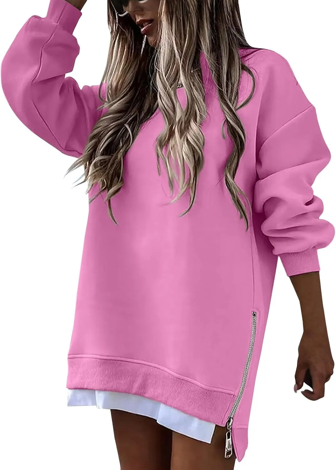 Crewneck Sweatshirts Women Long Oversized Hoodie Long Sleeve Pullover Side Split Drop Shoulder Casual Tops Outfits