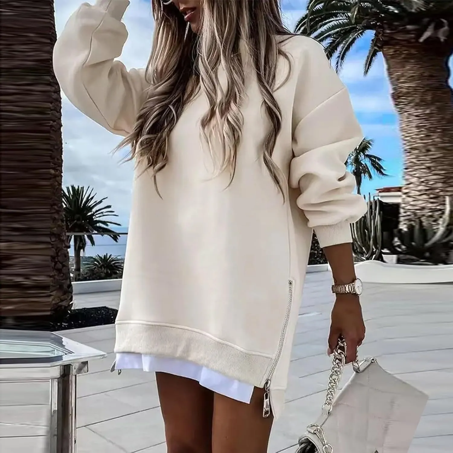Crewneck Sweatshirts Women Long Oversized Hoodie Long Sleeve Pullover Side Split Drop Shoulder Casual Tops Outfits