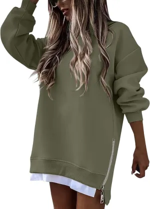 Crewneck Sweatshirts Women Long Oversized Hoodie Long Sleeve Pullover Side Split Drop Shoulder Casual Tops Outfits