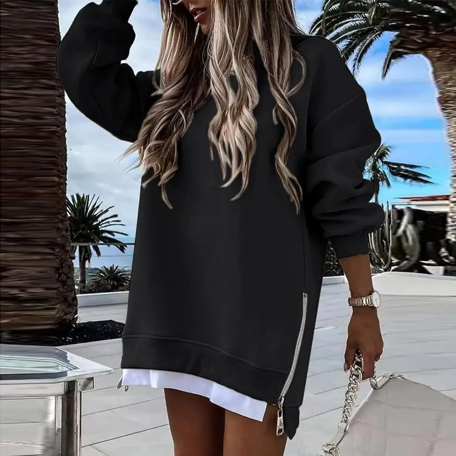 Crewneck Sweatshirts Women Long Oversized Hoodie Long Sleeve Pullover Side Split Drop Shoulder Casual Tops Outfits