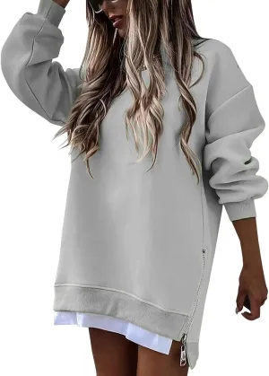 Crewneck Sweatshirts Women Long Oversized Hoodie Long Sleeve Pullover Side Split Drop Shoulder Casual Tops Outfits