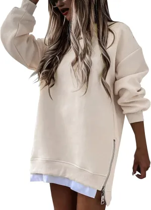 Crewneck Sweatshirts Women Long Oversized Hoodie Long Sleeve Pullover Side Split Drop Shoulder Casual Tops Outfits