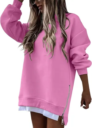 Crewneck Sweatshirts Women Long Oversized Hoodie Long Sleeve Pullover Side Split Drop Shoulder Casual Tops Outfits