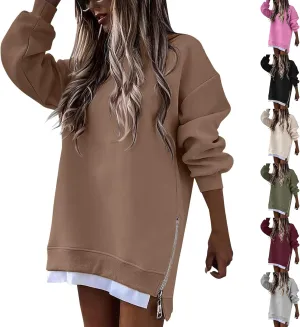 Crewneck Sweatshirts Women Long Oversized Hoodie Long Sleeve Pullover Side Split Drop Shoulder Casual Tops Outfits
