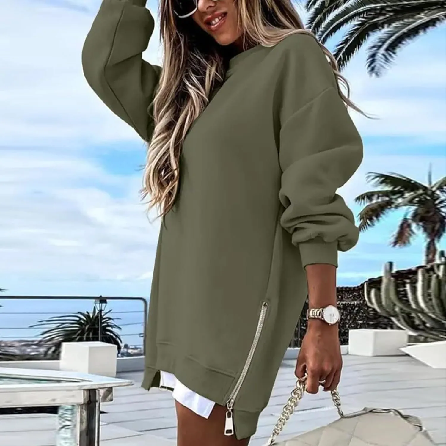 Crewneck Sweatshirts Women Long Oversized Hoodie Long Sleeve Pullover Side Split Drop Shoulder Casual Tops Outfits