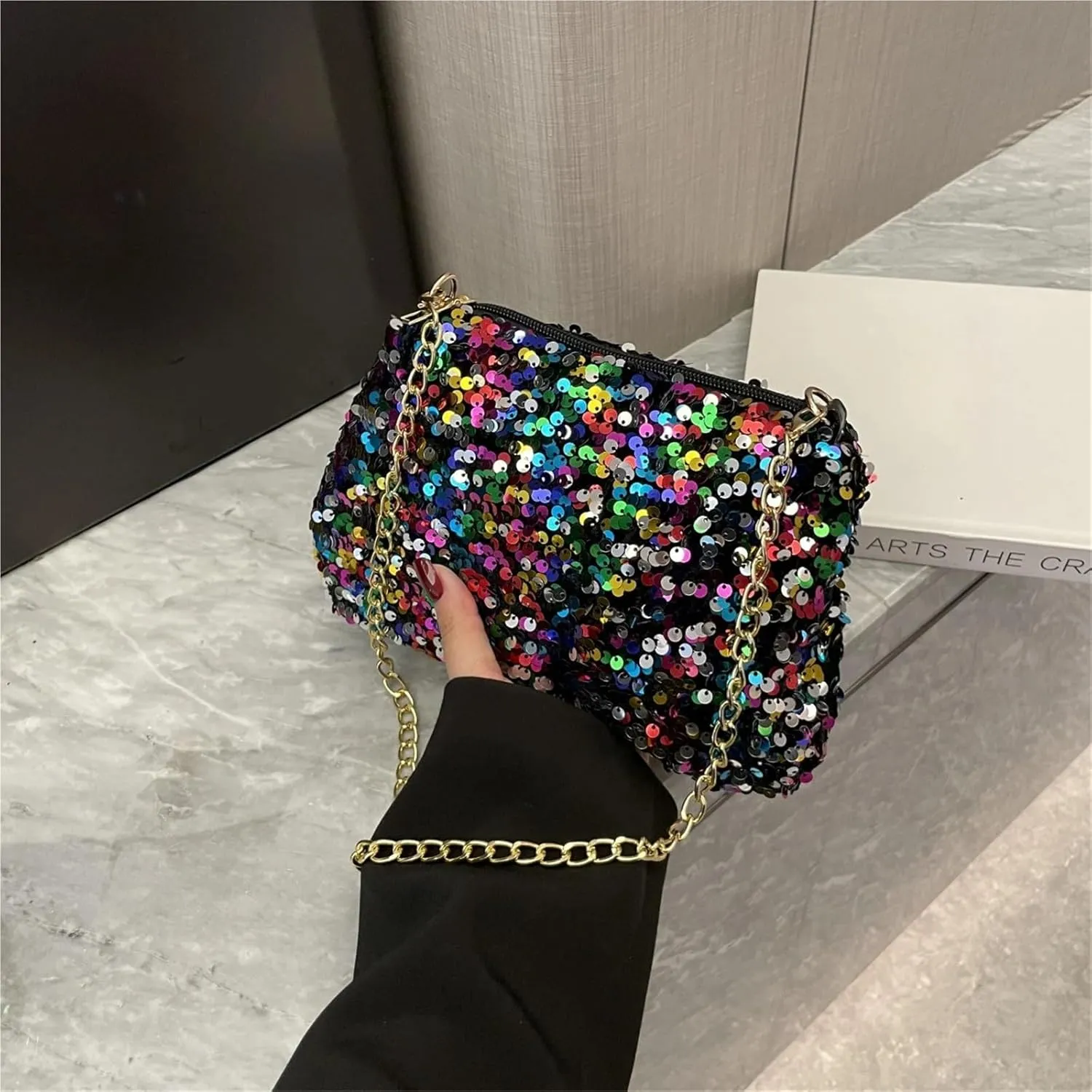 Crossbody Evening Bag Crossbody Chain Bag Simple Shoulder Bag Underarm Bag Phone Purse Evening Clutch Bags Handbag for Party(Colorful-Gold Chain)