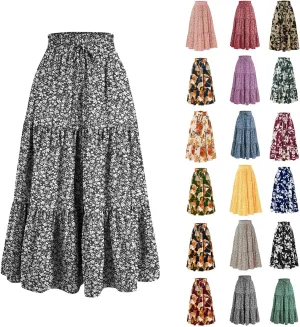 Cute Summer Floral Maxi Skirts for Women Boho Elastic High Waisted A-Line Skirts Fashion Flowy Swing Vacation Clothes