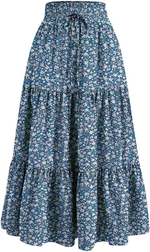 Cute Summer Floral Maxi Skirts for Women Boho Elastic High Waisted A-Line Skirts Fashion Flowy Swing Vacation Clothes