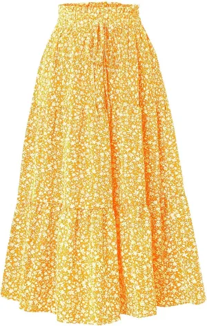 Cute Summer Floral Maxi Skirts for Women Boho Elastic High Waisted A-Line Skirts Fashion Flowy Swing Vacation Clothes