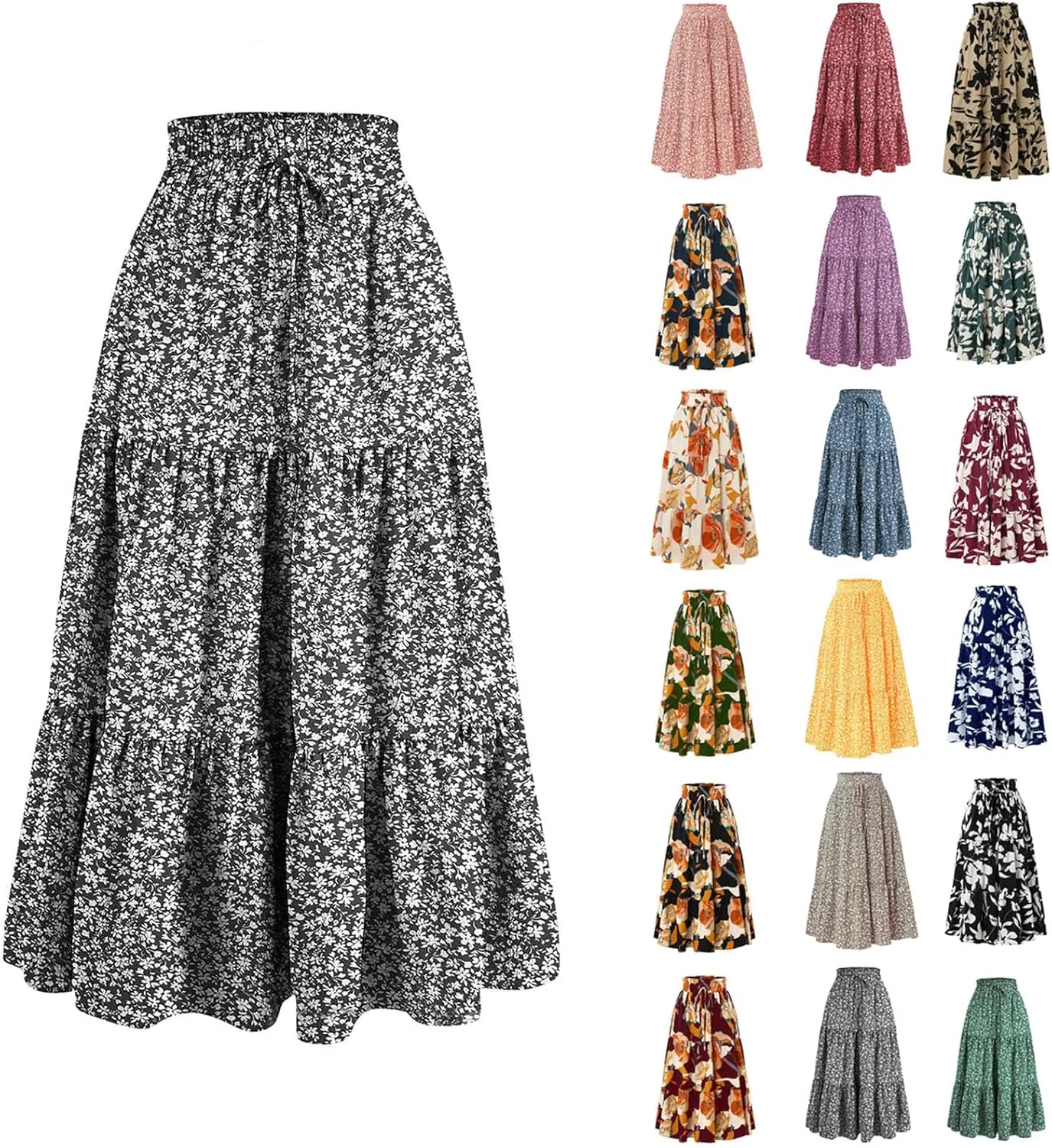 Cute Summer Floral Maxi Skirts for Women Boho Elastic High Waisted A-Line Skirts Fashion Flowy Swing Vacation Clothes