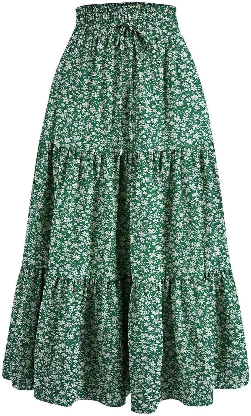 Cute Summer Floral Maxi Skirts for Women Boho Elastic High Waisted A-Line Skirts Fashion Flowy Swing Vacation Clothes