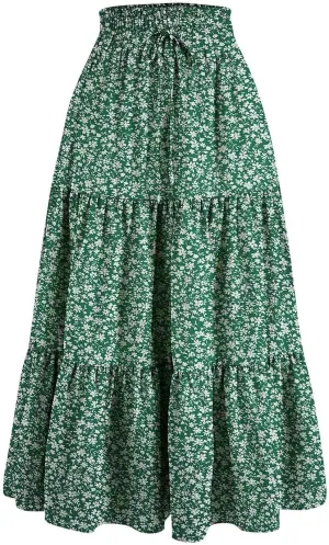 Cute Summer Floral Maxi Skirts for Women Boho Elastic High Waisted A-Line Skirts Fashion Flowy Swing Vacation Clothes