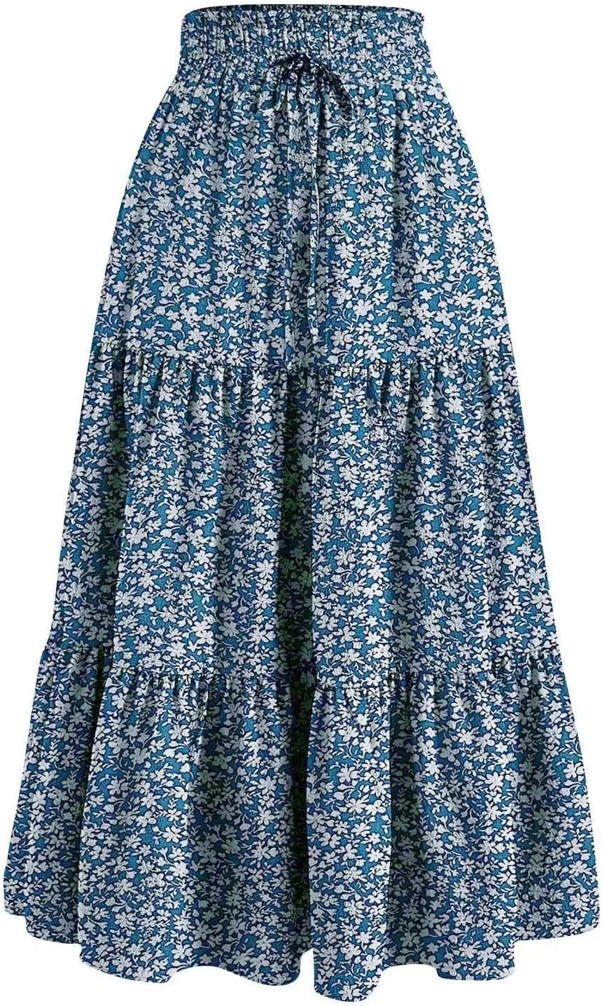 Cute Summer Floral Maxi Skirts for Women Boho Elastic High Waisted A-Line Skirts Fashion Flowy Swing Vacation Clothes