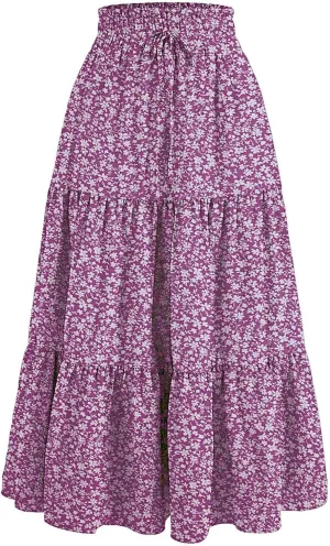 Cute Summer Floral Maxi Skirts for Women Boho Elastic High Waisted A-Line Skirts Fashion Flowy Swing Vacation Clothes